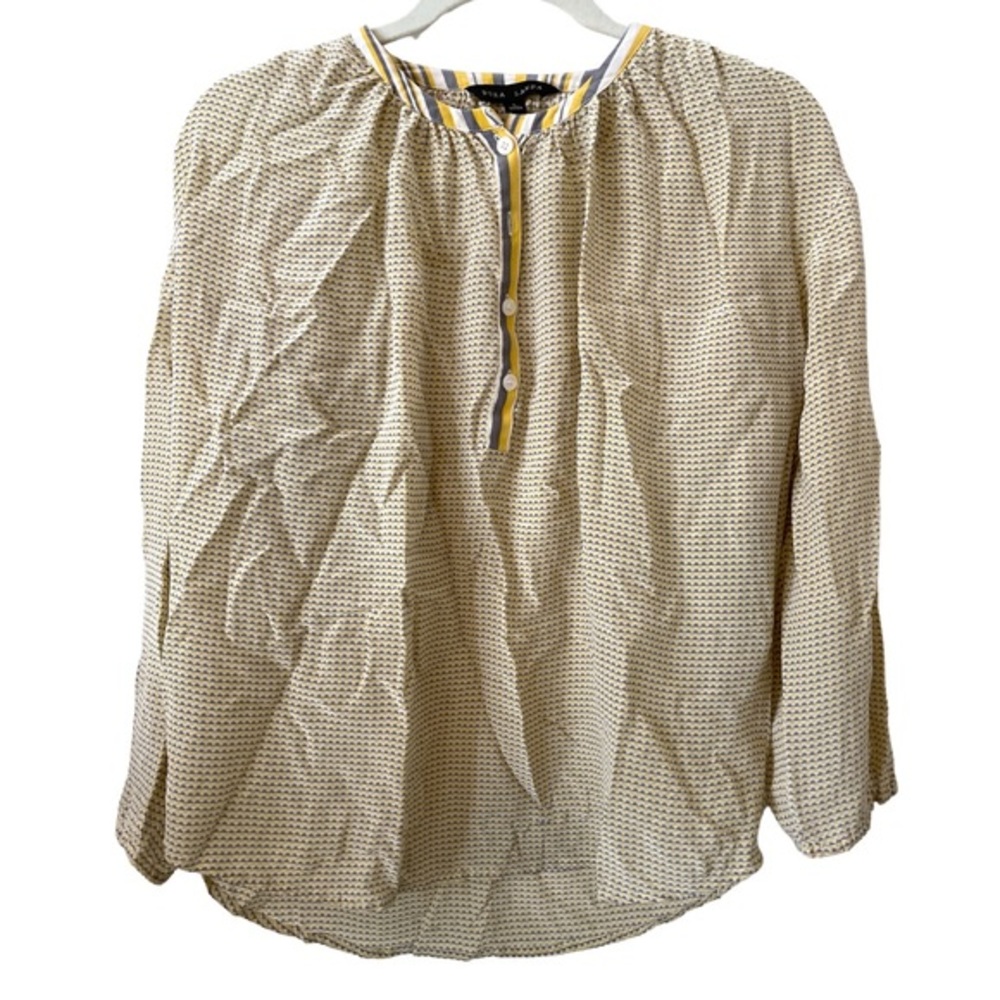 Anthropologie 100% silk blouse top yellow‎ and grey size 2 Dora Landa